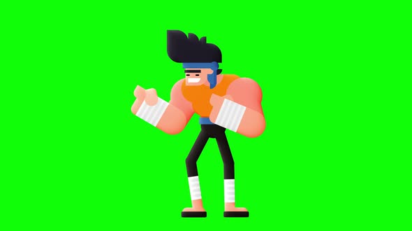 Animation of fighting character, punching and raising leg.