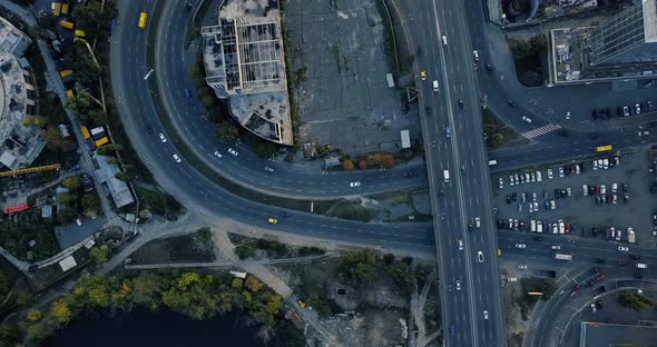 Road from the height of a quadcopter, interchange on the bridge