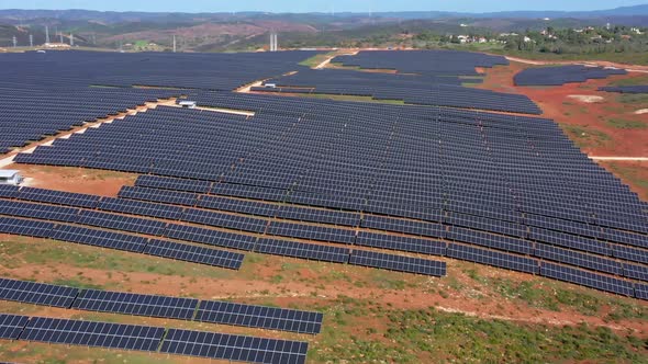 Aerial View of Giant Portuguese Fields with Solar Photovoltaic Batteries to Create Clean Ecological