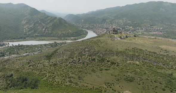 Panoramic View Of The Oldest Town Of Mtskheta In Mtskheta-Mtianeti, Province of Georgia. Aerial Wide alt