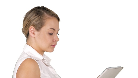 Single girl walking and watching media content on line alt