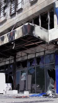 Vertical Video of a Burnt Shopping Center During the War in Bucha Ukraine alt