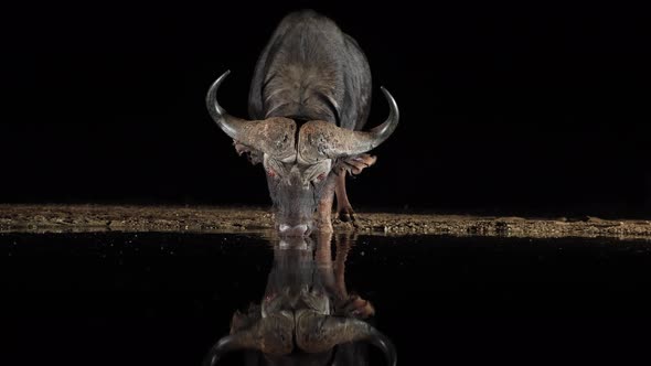 Dramatic light: Cape Buffalo drinks from dark pond in black of night alt