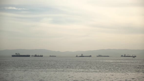 cargo ships waiting on the sea horizon	 alt