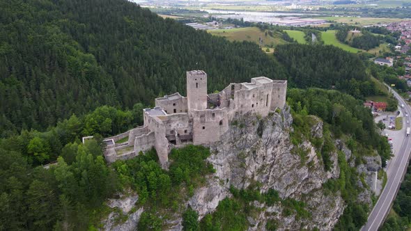 Aerial view of the castle in the village of Strecno in Slovakia alt