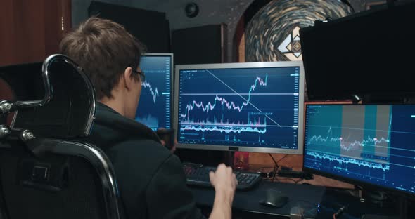 Male Trader Freelancer on Stock Exchange Trades Options and Drinks Tea alt