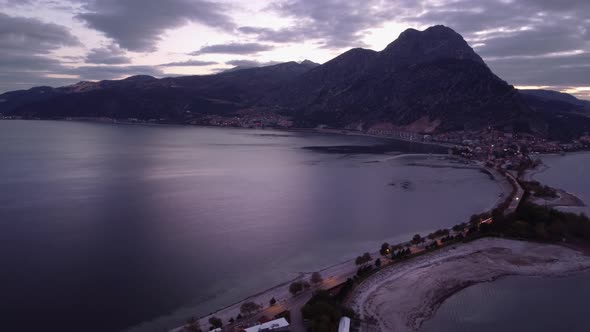 Evening Landscape of Egirdir Lake and Road to Green Island Illuminated By Road Lights alt