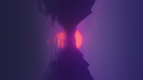 Vertical Warm Magenta Hazy 3D Rendered Terrain Landscape with Looping Calm Water