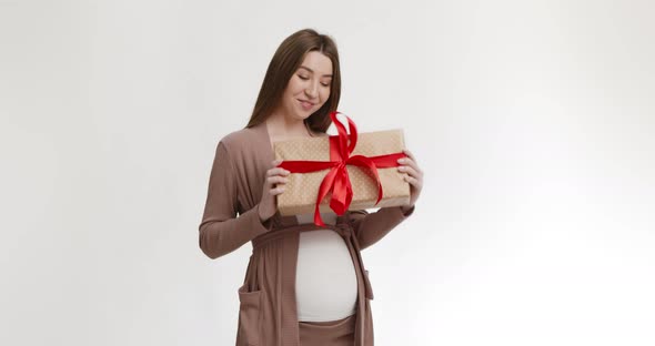 Happy Young Pregnant Woman Holding Gift Box Enjoying Holiday Celebration Presents alt