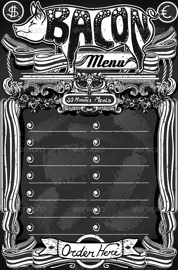 Vintage Bacon Menu on Blackboard for Restaurant - Food Objects