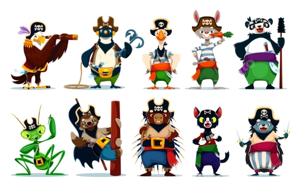 Cartoon Animal Pirate Ship Crew Vector Characters