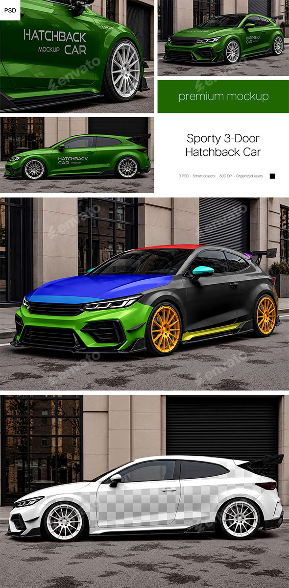 Sporty 3-Door Hatchback Car Mockup Set