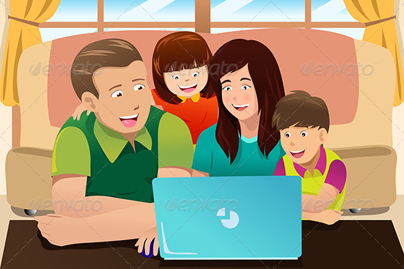 Happy Family Looking at a Laptop - People Characters
