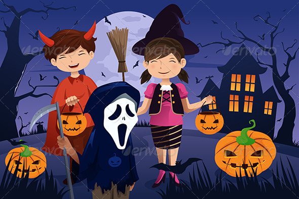 Kids Dressed Up in Costumes Trick or Treating - Halloween Seasons/Holidays