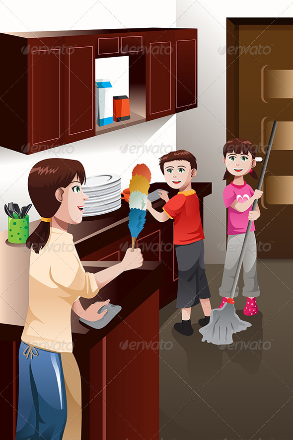Kids Helping their Parent Cleaning House - People Characters