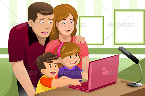 Happy Family Looking at a Laptop - People Characters