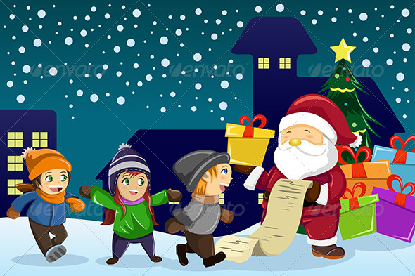 Santa Claus Carrying Present and Holding List - Christmas Seasons/Holidays