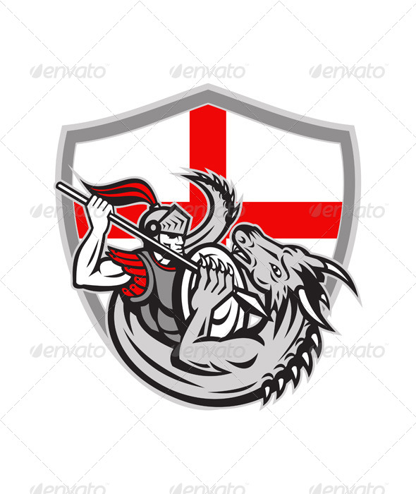 English Knight Fighting Dragon Shield - People Characters