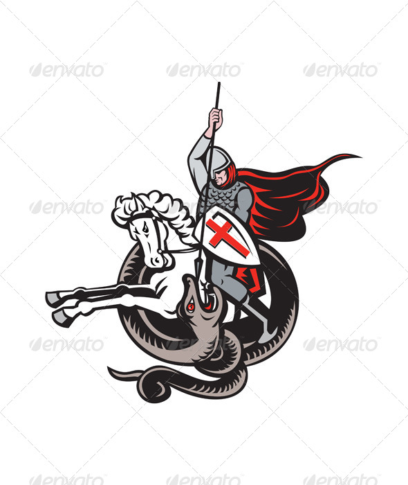English Knight Fighting Dragon England Flag Shield - People Characters