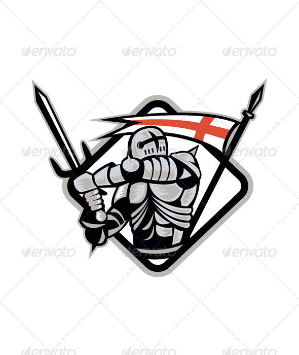 English Knight Fighting Sword England Flag Retro - People Characters