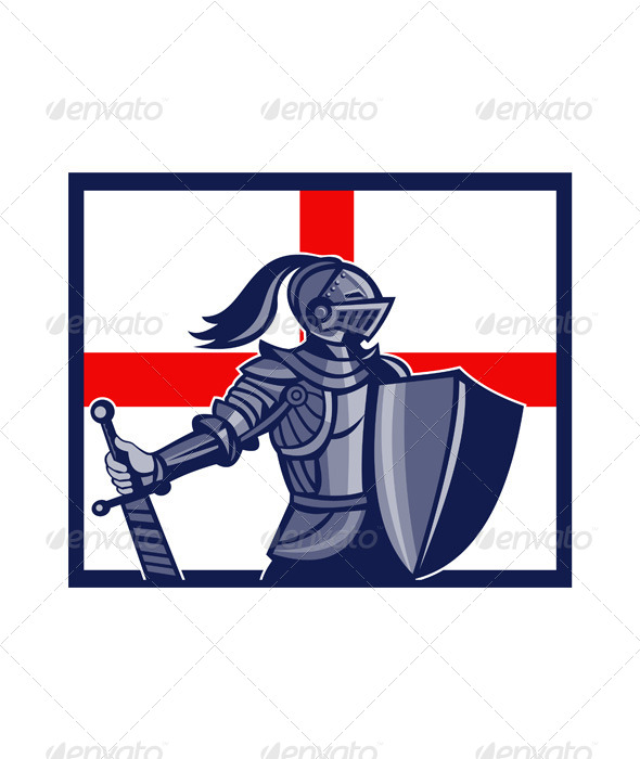 English Knight Holding Sword England Flag Retro - People Characters