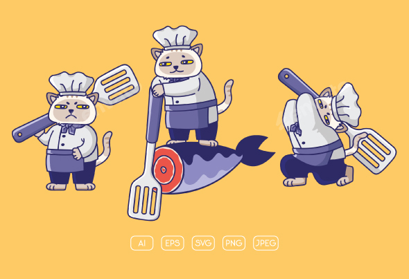 Chef Cat Cartoon Character Set