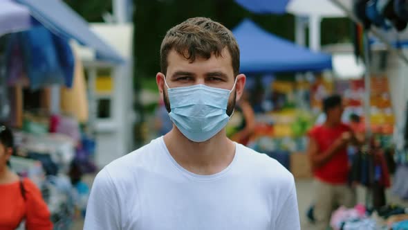 Guy in Coronavirus Face Mask Walk on Asian Market Does Pandemic Street Shopping alt