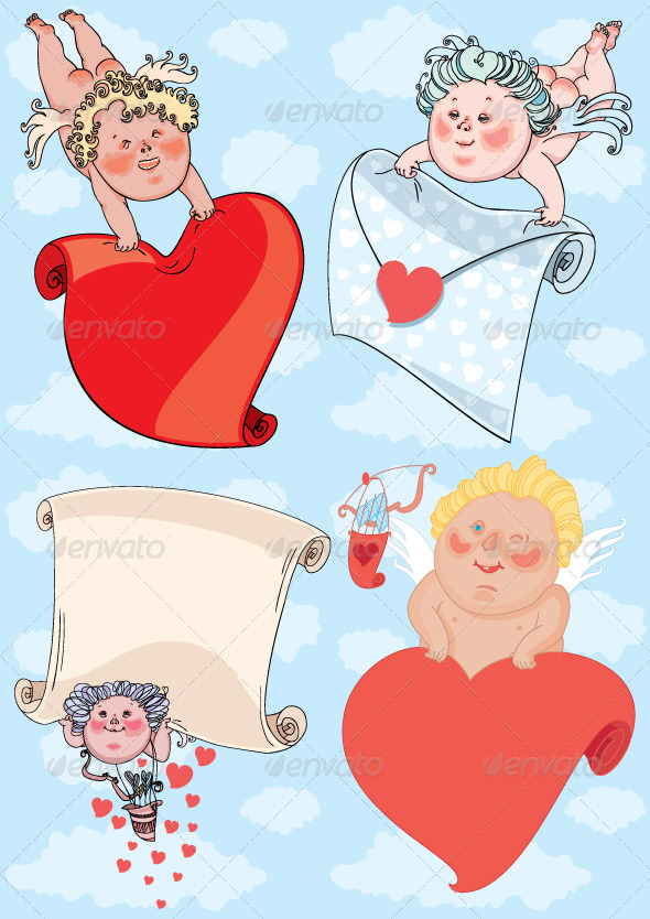 Cupids with Valentine Card - Valentines Seasons/Holidays