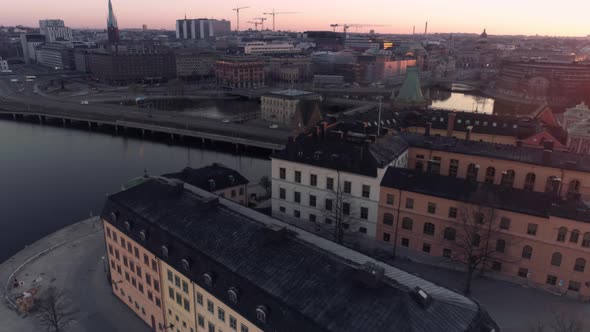 Drone Shot Flying Over Rooftops in Stockholm City