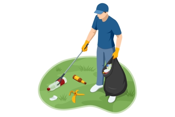 Isometric Male Volunteer Collects Litter with