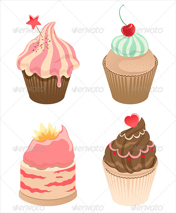 Set of Four Cupcakes - Food Objects