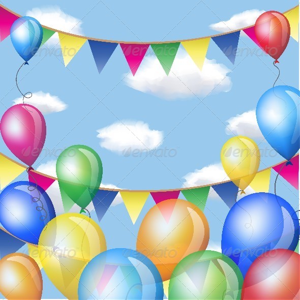 Balloons and Serpentine with Confetti in Sky - Miscellaneous Seasons/Holidays