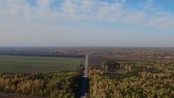 Road between yellow and green autumn forest and fields in Ural alt