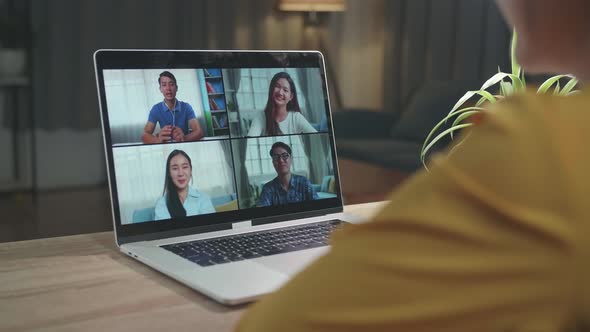 Young Girl On Video Conference Call, Using Laptop Computer Work Late Night alt