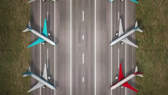 Aerial view of parked airplanes at the airport runway alt