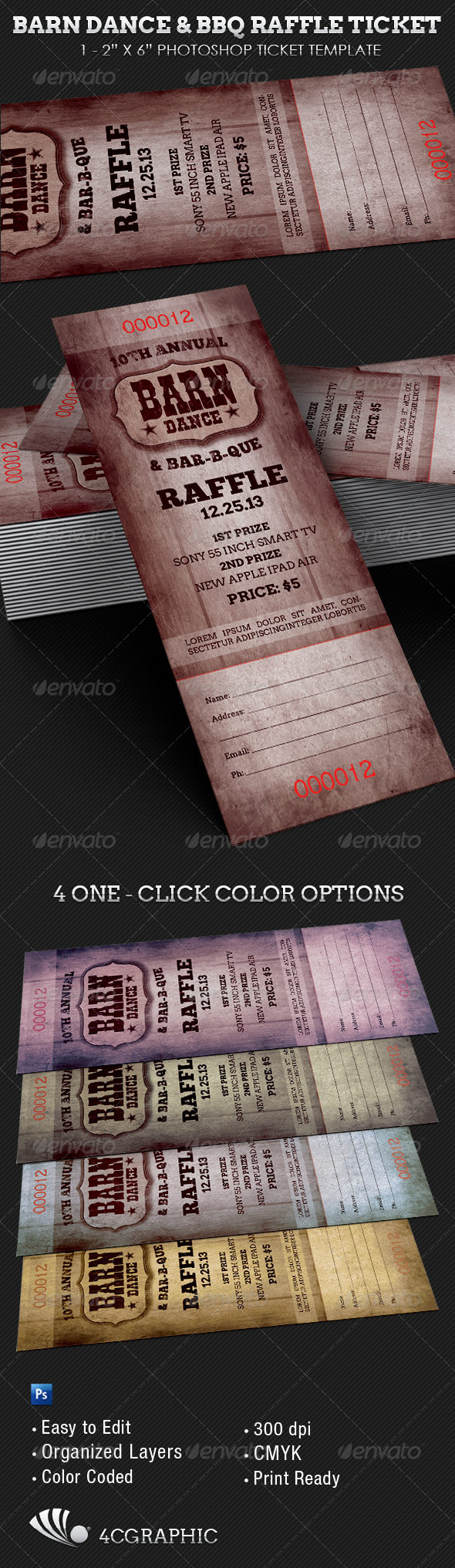 Barn Dance BBQ Raffle Ticket Template by 4cgraphic ...