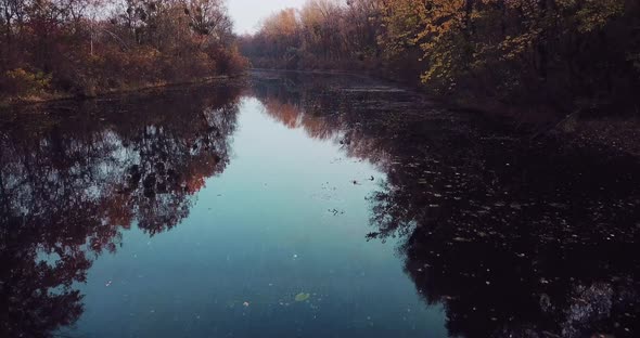 Flight of the Camera Over the River with a View of Autumn Trees and Reflections of Colorful Foliage