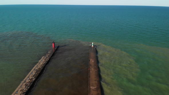 Aerial View Of The South Haven Lighthouse On Lake Michigan