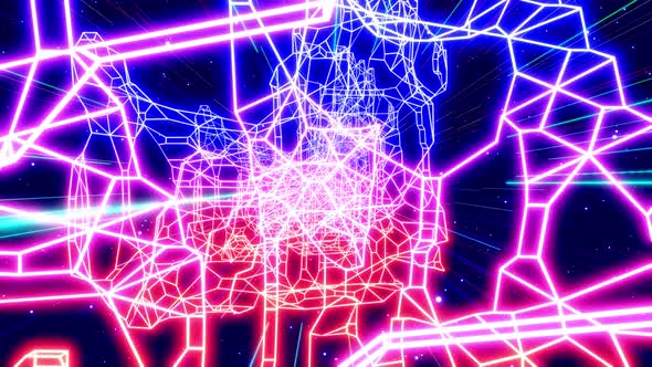 Motion Design Camera Flies and Rotates in Digital Scifi Space with Neon Light Hologram Objects alt