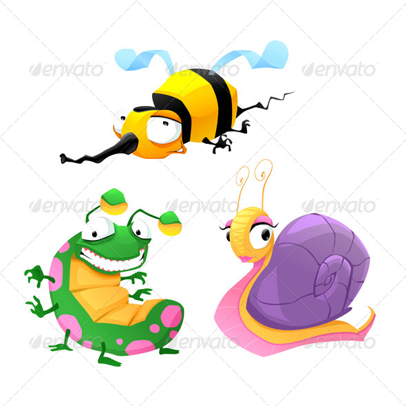Two Funny Insects and One Snail - Animals Characters