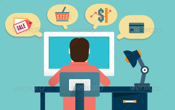 Flat Concept of E-Marketing and E-Commerce - Commercial / Shopping Conceptual