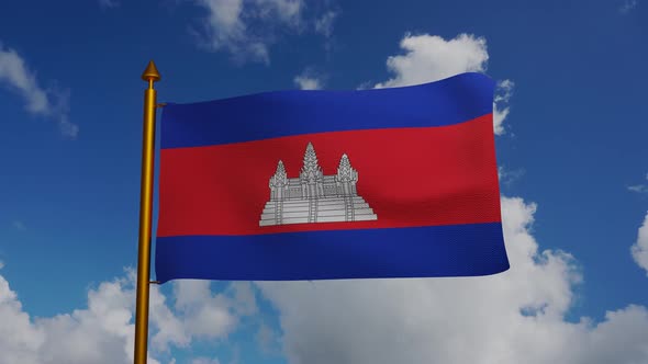 National flag of Cambodia waving with flagpole and blue sky timelapse alt