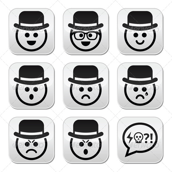 Man in Hat Faces Vector Buttons Set - People Characters