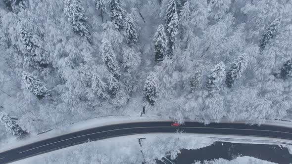 Aerial shot: red car is driving by the road in winter forest.