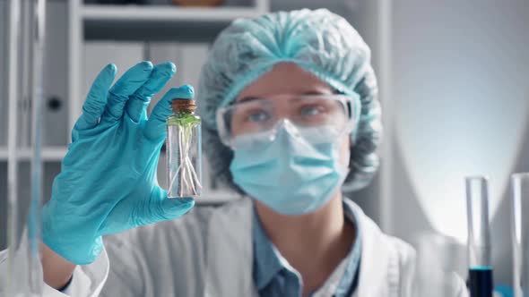 A Researcher Holds A Test Tube With A Young Organic Sprout Grown In Artificial Conditions With His alt