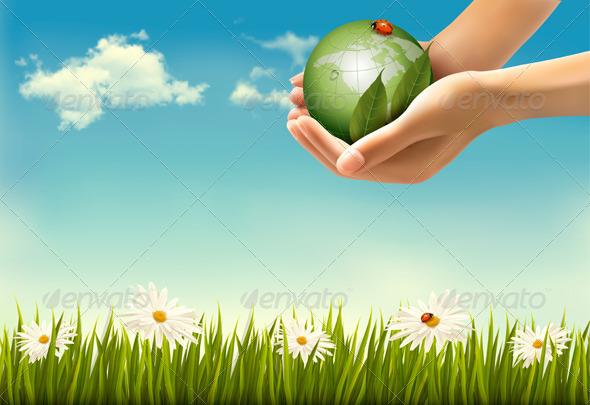 Nature Background with Hands Holding a Globe - Nature Conceptual