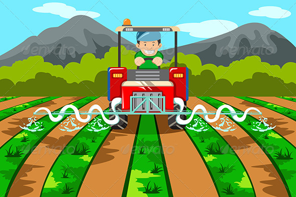 Farmer Watering the Farm with Tractor - People Characters