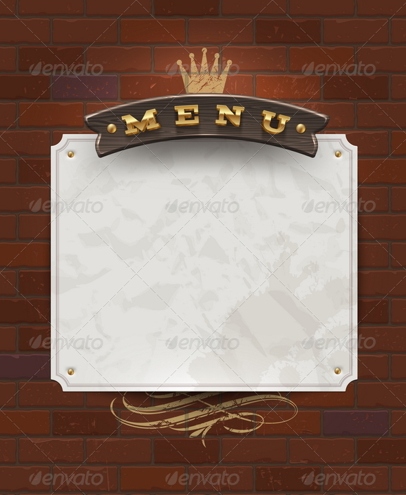 Menu Signboard and Paper Banner on Brick Wall - Decorative Vectors