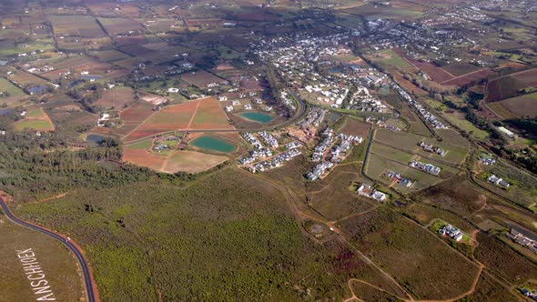 Franschhoek valley in gorgeous rural landscape; high altitude aerial alt