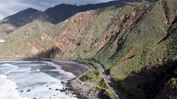 Aerial drone view of a mountainous coastline in Benjio, Parque Rural de Anaga, Northern Tenerife, th alt